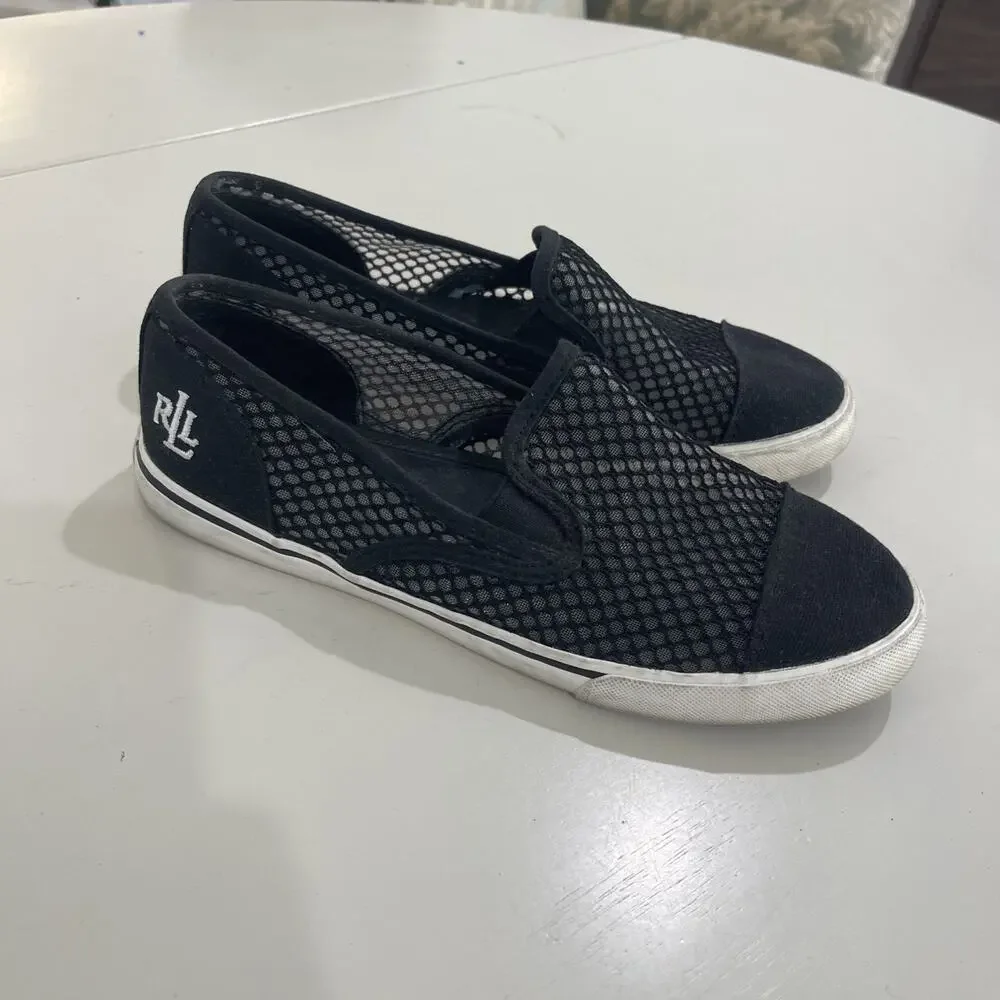Lauren Ralph Lauren Janis Women Sz 7 Slip on Sneakers Black Mesh Preppy Sailing